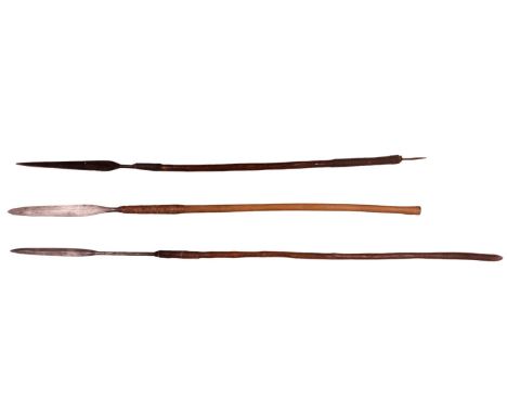 Three antique Zulu / Nguni spears, comprising an Iklwa stabbing spear and two isijulas, respectively split-cane, woven-wire a