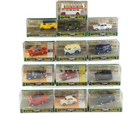 13 classic Corgi model die-cast cars, vans, etc, boxed, including a Morris Minor and Jaguar MK 2