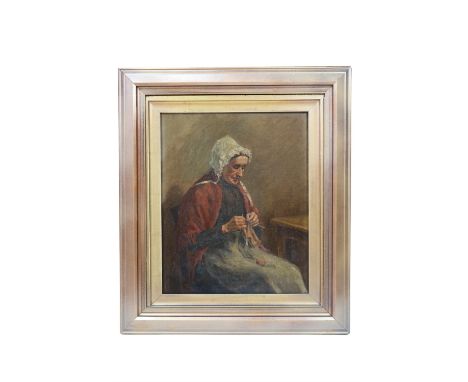 Harry Fogan (British, late 19th / early 20th Century) "Goffering", a serene study of an elderly lady wearing a shawl gofferin