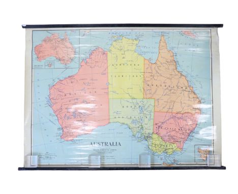 A 1950s large school type wall map of Australia (Political) by W &amp; A K Johnston of Edinburgh and London, printed, laid on