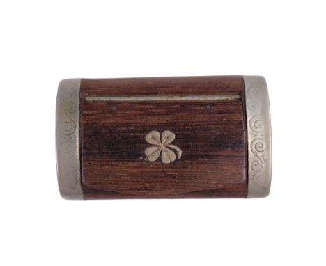A nickel-mounted rosewood pocket snuff box, its lid decorated with an inset four-leaved clover device, 7 cm