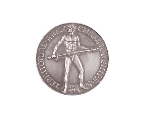 An  Omar Ramsden cased silver Territorial Army Championships Medal, obverse an athlete holding a sword, the reverse engraved 