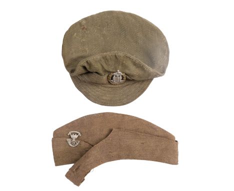 A Great War British army denim trench cap together with a Second World War Field Service cap, (a/f)