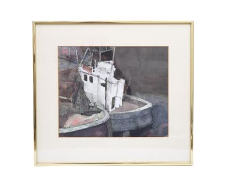Alexander S Campbell RSA (Scottish, b.1932) "Evening in Maryport", a loose, atmospheric, abstracted study of two fishing boat