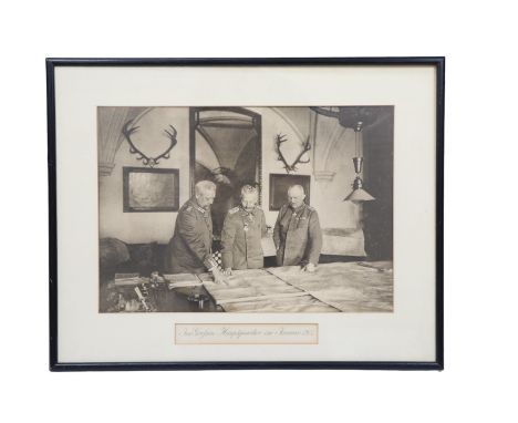 A period photographic print of Paul von Hindenberg, Kaiser Wilhelm II and Erich Ludendorff titled "Im Grossen Hauptquartier i