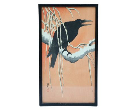 After Ohara Koson (1877 - 1945) A depiction of a crow perched on a snow covered branch set against orange, print, circa 1920s