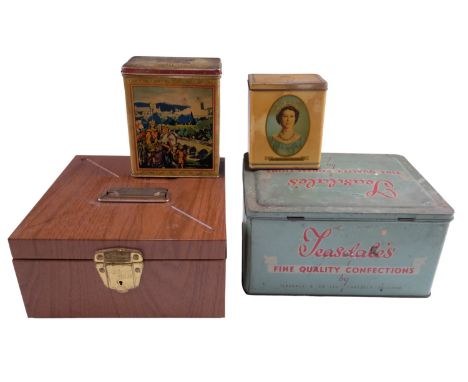 A Carr &amp; Co Carlisle Historical Pageant tin together with a royal commemorative tinplate tea caddy, a Teasdale's of Carli