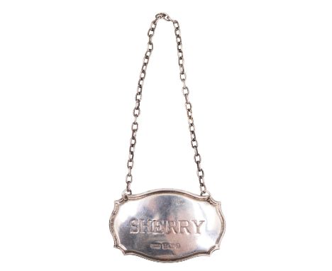 A silver Sherry decanter label, Harrison Brothers &amp; Howson Ltd, Birmingham, 1988, 47 x 29 mm excluding chain, 8 g gross