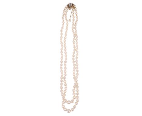 A cultured pearl double string choker length necklace, the two adorse graduated strings with the pearls from 7 mm to 4 mm, fu
