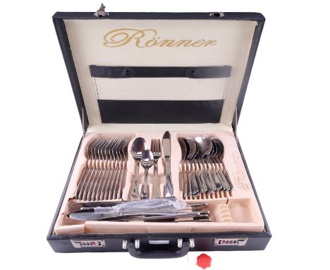A Rönner stainless steel cutlery service in a briefcase canteen, 44 x 31.5 x 9 cm, (one latch a/f)