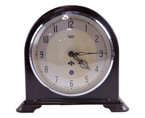 A 1930s-1940s British army Smiths Bakelite mantle clock, the face having Arabic numerals and a, Ordnance broad arrow mark, 22