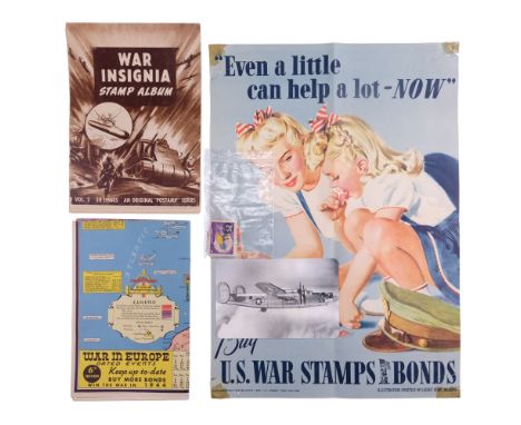 A 1942 US Government War Stamps Bonds poster "Even a little can help a lot - NOW", together with a "War in Europe Dated Event