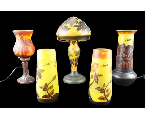 A group of late 20th Century reproduction Galle Art Nouveau cameo glass, comprising two table lamps and three vases, tallest 