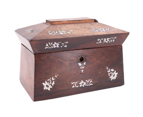 A Victorian mother-of-pearl inlaid rosewood tea caddy, 22 cm x 13 cm x 15 cm 