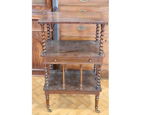 A Victorian rosewood whatnot, having tapering bine-twist supports and a drawer to the central shelf, 56 x 38 x 95 cm (a/f)