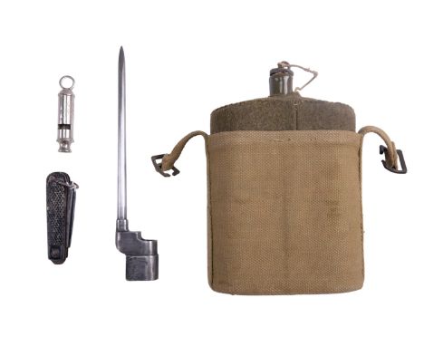 A 1941 dated British army clasp knife together with an ARP whistle, a No 4 bayonet and a water bottle in Pattern 1937 webbing