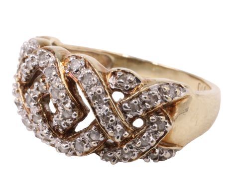 A contemporary diamond interlace dress ring, having adorse interlaced openwork, line set with 44 diamond brilliants, all set 