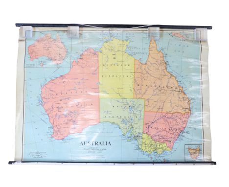 A 1950s large school type wall map of Australia (Political) by W &amp; A K Johnston of Edinburgh and London, printed, laid on