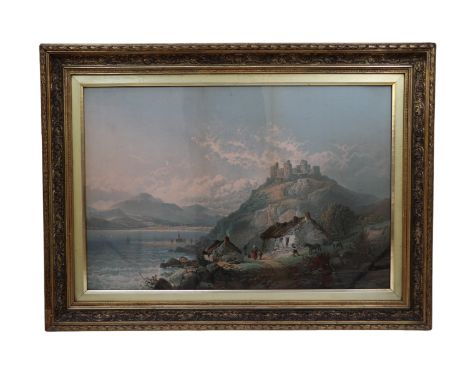 Hoslor (Victorian) A rural, pastoral depiction of a farmstead sat on the shore below the towering, crumbling ruins of a castl