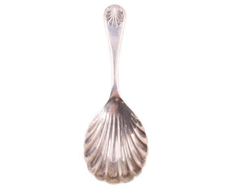 A vintage silver caddy spoon, having a shell form bowl and stylized palmette terminal, W I Broadway &amp; Co, Birmingham, 199