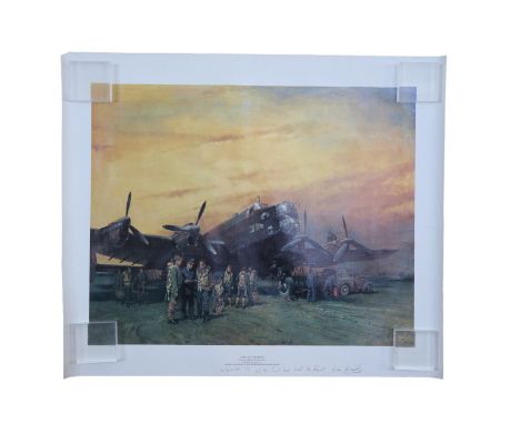 After Sir Terence Cuneo, (1907-1996) "The Last Halifax", inscribed print, un-framed, 64 cm x 76 cm