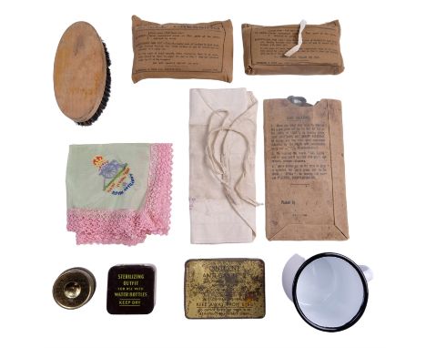 A quantity of Second World War British army personal and other kit etc including anti-gas ointment and eyeshields, water puri