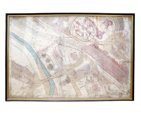 An Ordnance Survey map of Carlisle detailing Citadel Station and the County Gaol, surveyed in 1865 by Captain E R James, wate