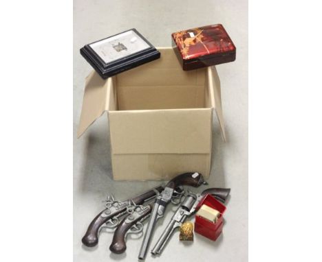 Four Replica Flintlock Pistols, Barometer, Red Leather Playing Card Holder, Red Lacquered Box, T G Green Cornishware Jar, and