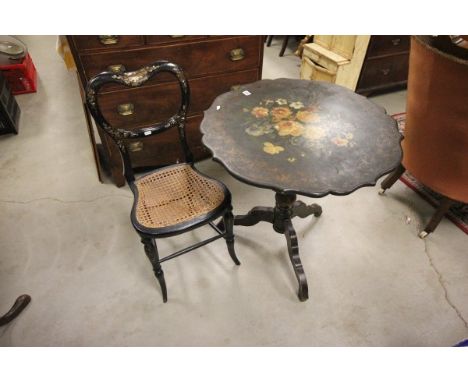 19th century Ebonised Pedestal Table raised on three shaped splayed legs decorated with floral bouquet together with a 19th c