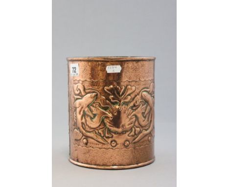 Copper Cylindrical Vase with embossed decoration of Scallop Shells, Sealife and Seaweed together with a letter from Penlee Ho