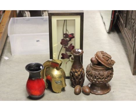 Heavily Carved Wooden Elephant Pot & Lid, Brass Replica Policeman's Helmet, Poole Style Vase, another Vase and a Framed and G