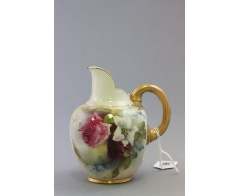 Royal Worcester Jug with gilt handle, hand painted with flowers on a white ground, shape no. 1094 with union jack mark to bas