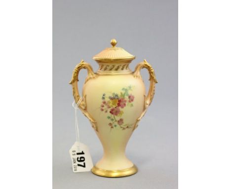 Royal Worcester Blush Ivory Twin Handled Vase with pierced neck, hand painted with flowers, marked 1927