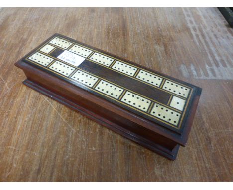 Early 20th century Mahogany Games Box with Boxwood and Bone Inlaid Cribbage Board to Lid and dominoes etc inside