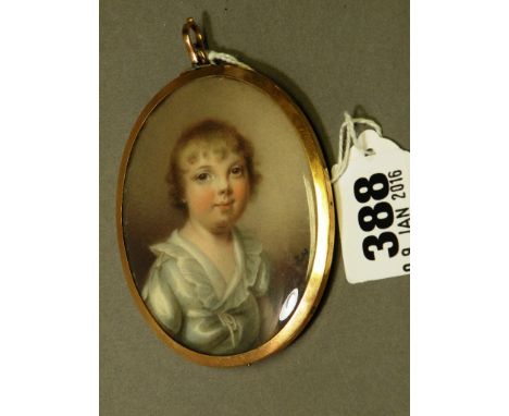 Georgian Oval Miniature Portrait of a Young Boy signed J.H. in a yellow metal frame marked to verso ' John Fitzgerald 1800 ' 