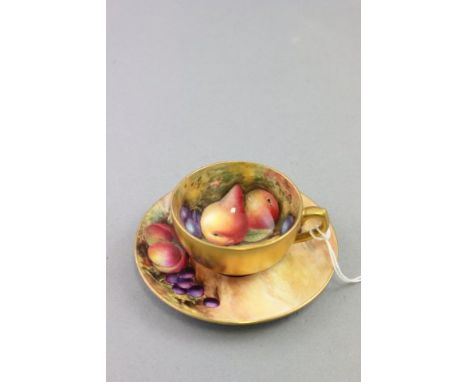 Royal Worcester Gilt Cabinet Cup & Saucer, hand painted with fruits and signed Rushton