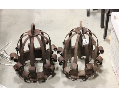 Pair of Vintage Iron Light Fittings with Scroll Ends and Rings
