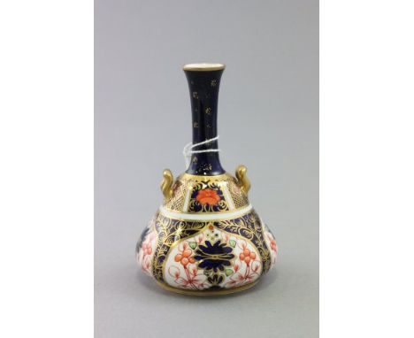 Royal Crown Derby Imari Patterned Small Vases with slender neck and two gilt handles