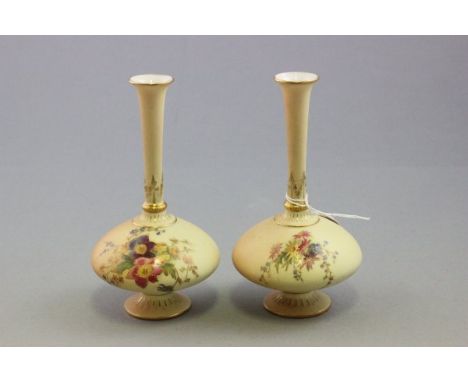 Pair of Royal Worcester Blush Ivory Bottle Vases with painted floral decoration, shaped no. 1748