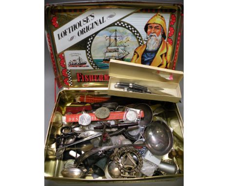 Fisherman's Friend Tin of Mixed Collectables including Ladle, Penknives, Coins, Pens, etc