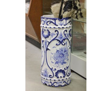 Blue and White Ceramic Stick Stand with Two Parasols and Two Walking Sticks