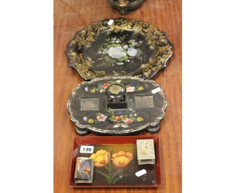 19th century Papier Mache Tray with hand painted and mother of pearl decoration, a similar Standish plus a Lacquered Hand Pai