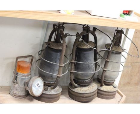 Three Tilley Style Lamps (two with impressed Bats to glass) plus a Carrying Lamp