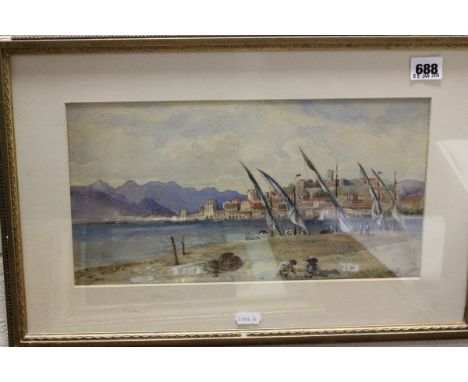 Bushe, C T A, Gilt Framed Watercolour of Mediterranean Seascape and Landscape, signed lower left, 19cms x 35.5cms