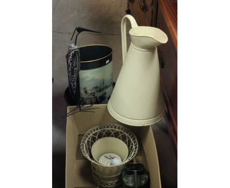 Group of Metalware including Enamel Jug, Toleware Paper Bin and Two Other Paper Biins, Watering Can, Planter, etc
