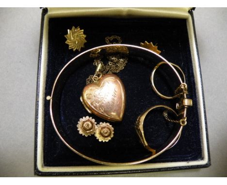 9ct Gold Gents Signet Ring, 9ct Gold Ring, pair 9ct Gold Earrings, Rolled Gold Bangle, Locket and another Pair of Earrings