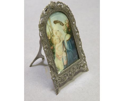 Miniature Portrait of Madonna & Child in White Metal Easel Frame