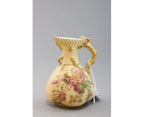 Royal Worcester Blush Ivory Jug with Gilt Twig handle, hand painted with flowers, shape no. 1507