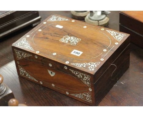 19th century Rosewood box with Mother of Pearl Inlay containing a quantity of Sewing Equipment plus a Pair of Ebony Glove Str