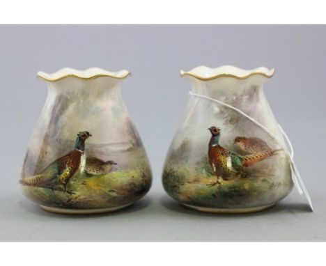 Pair of Small Royal Worcester Vases, hand painted with pheasants in a landscape, signed James Stinton, marked G957